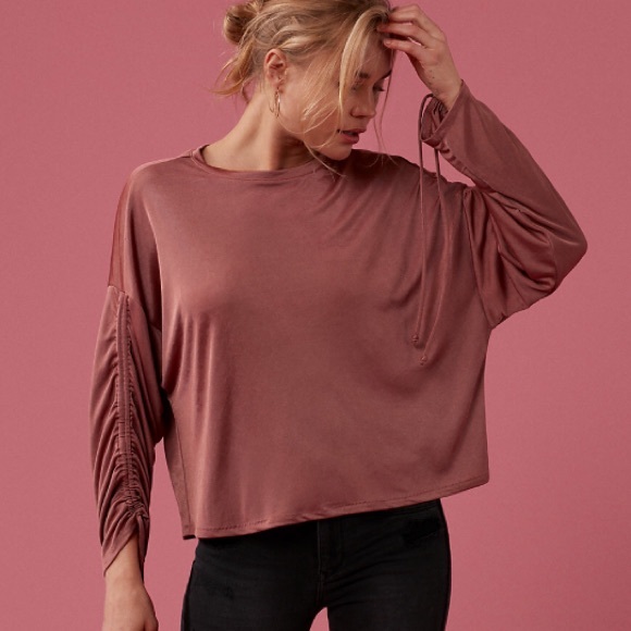 Like New Express Ruched Sleeve Silky Top w/ Ties - Picture 3 of 7